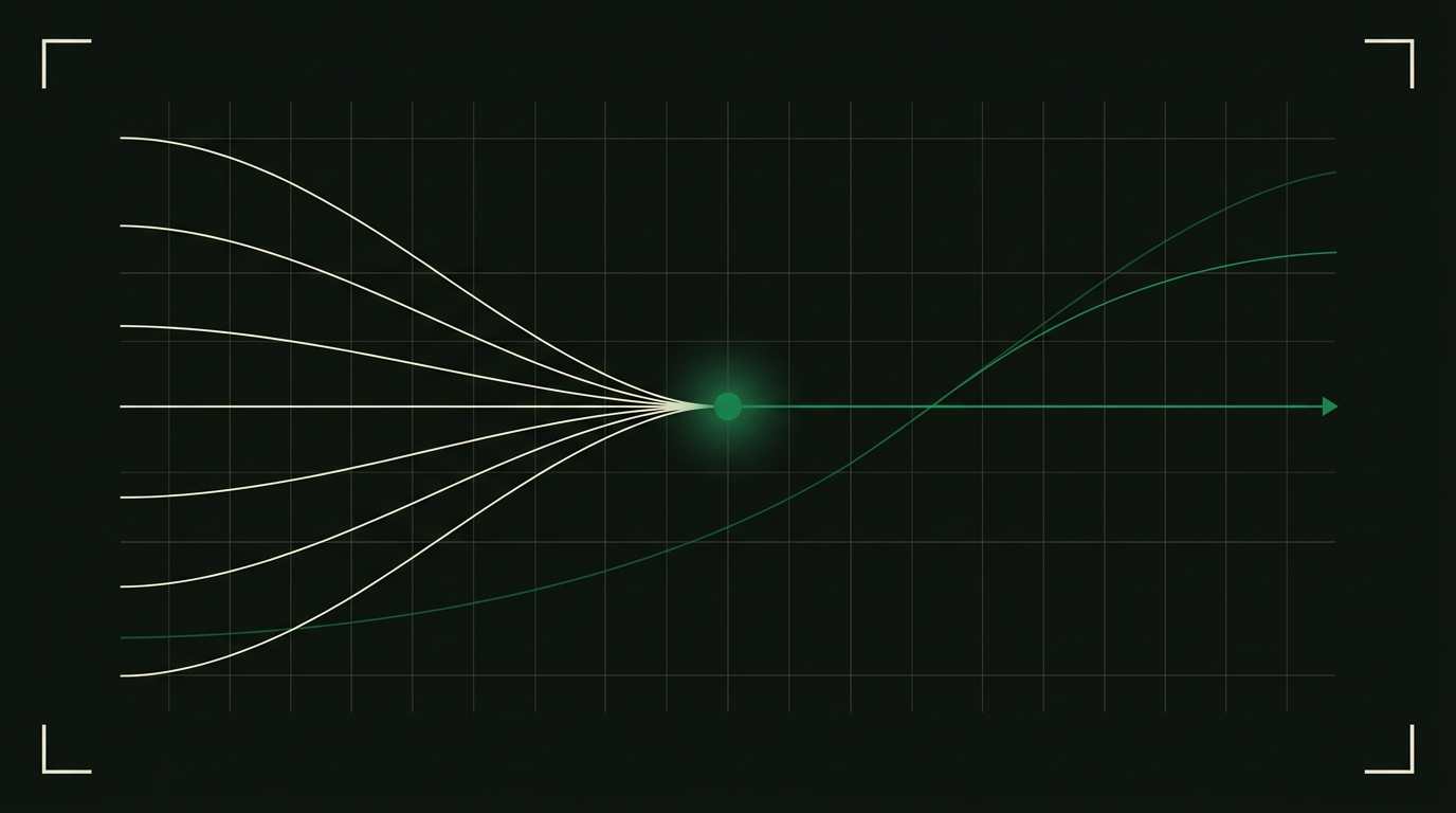 Editorial tactical illustration of a paid search budget resolving into a conversion funnel, in obsidian and emerald.